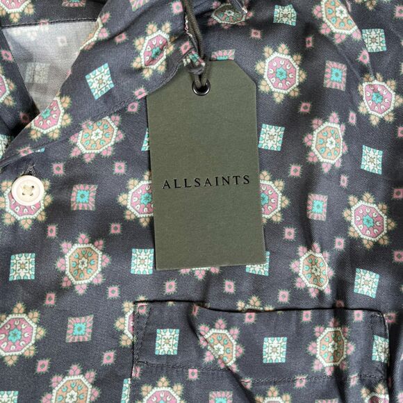 Allsaints Washed Black Shirt Mens Small Long Sleeve Loop Collar Viscose Pocket - Picture 4 of 15